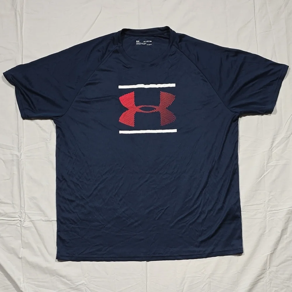 Under Armour Men's Dark Blue and Red Logo Tee